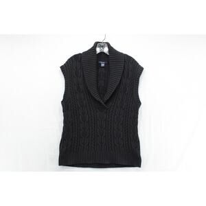 Chaps Cable Knit Sweater Vest Women's L Black Shawl Neck Knit Cardigan Chunky